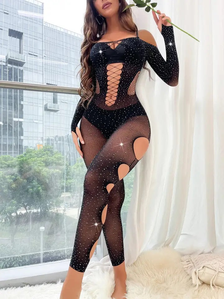 T205 Shredded Pothole Combination Rhinestone Bodystocking