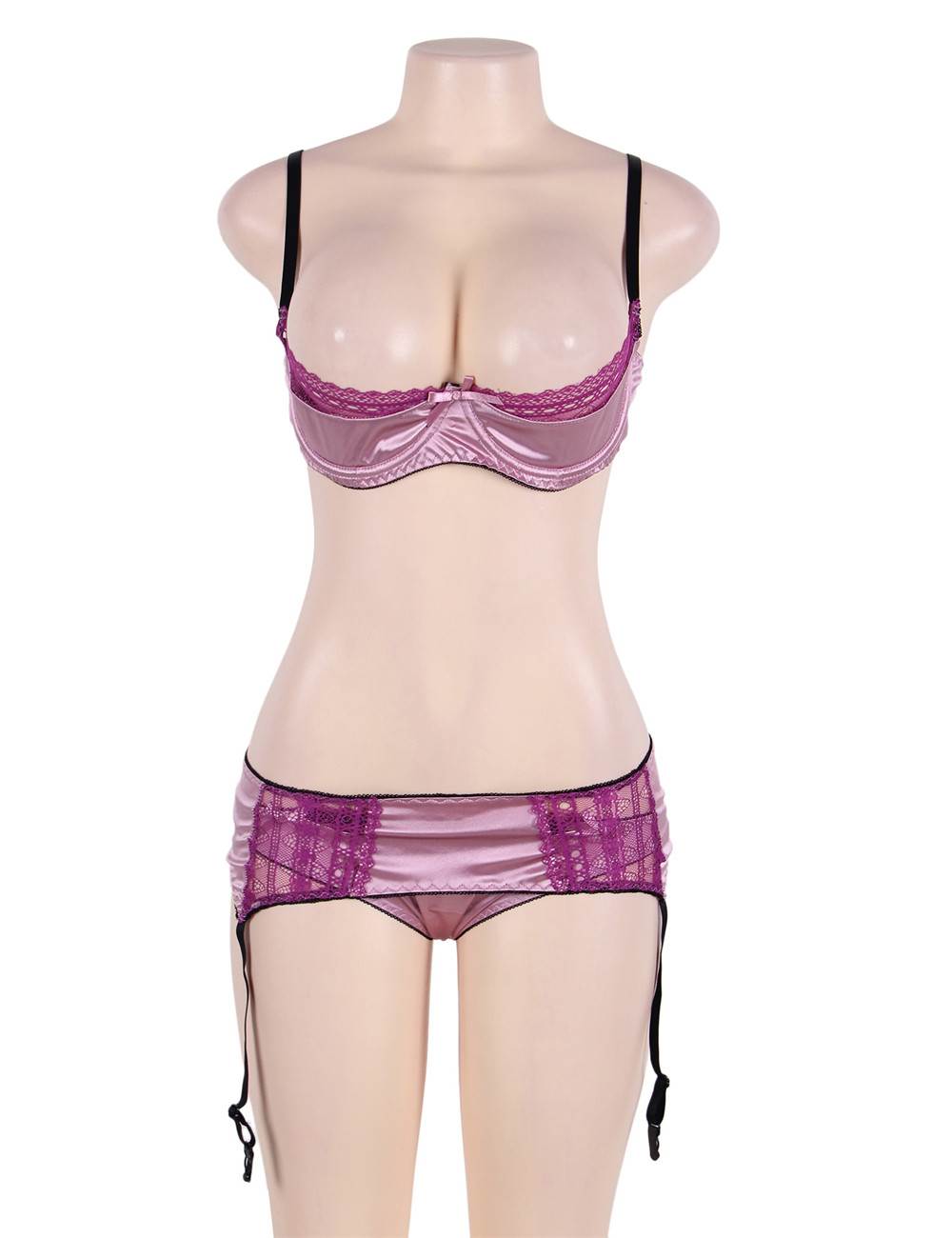 YP693 Sexy Deluxe Satin Lace Stitching Open Bust Bra Set