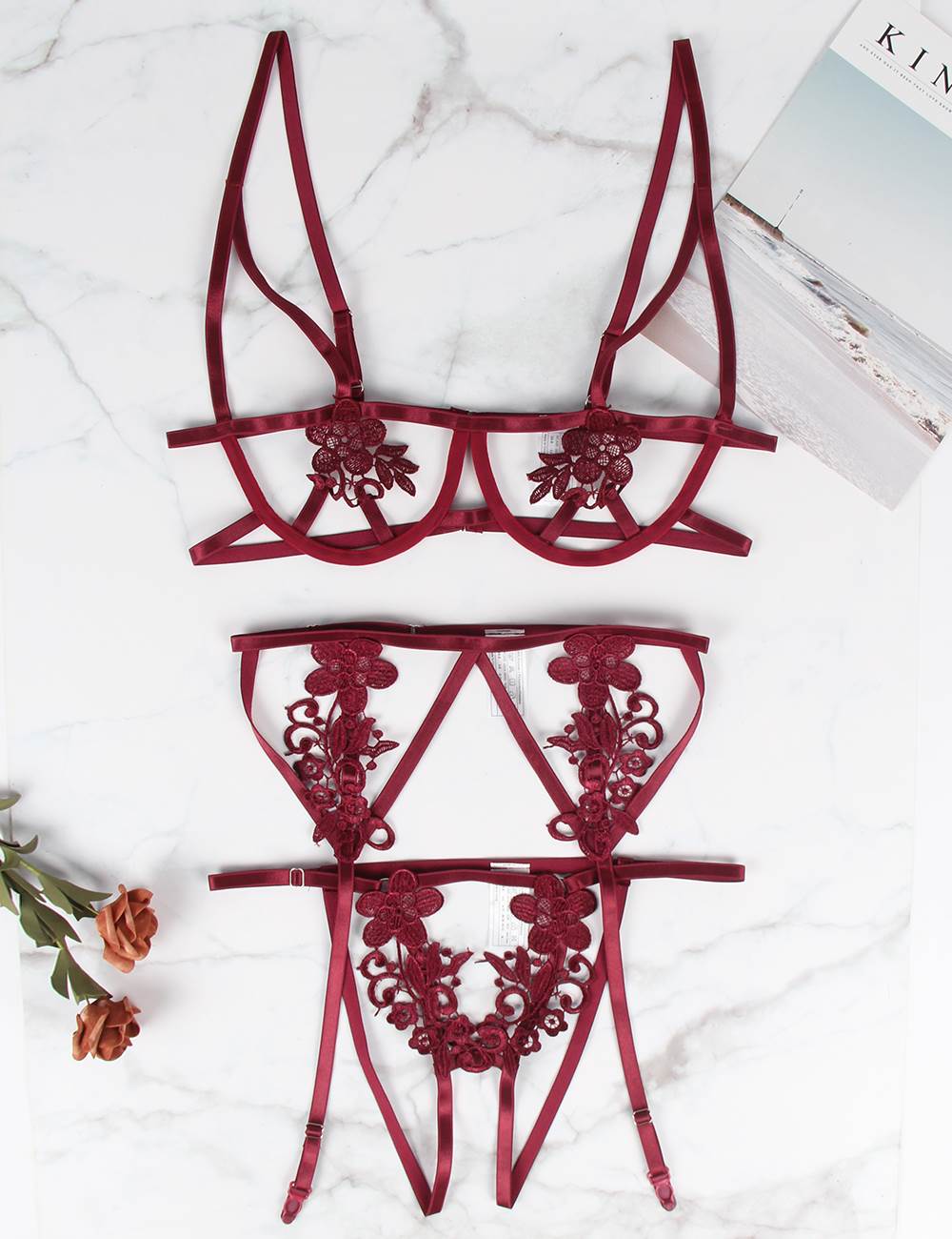RP72  - 3pcs Red Embroidery Applique Bra Panty Set With Underwire
