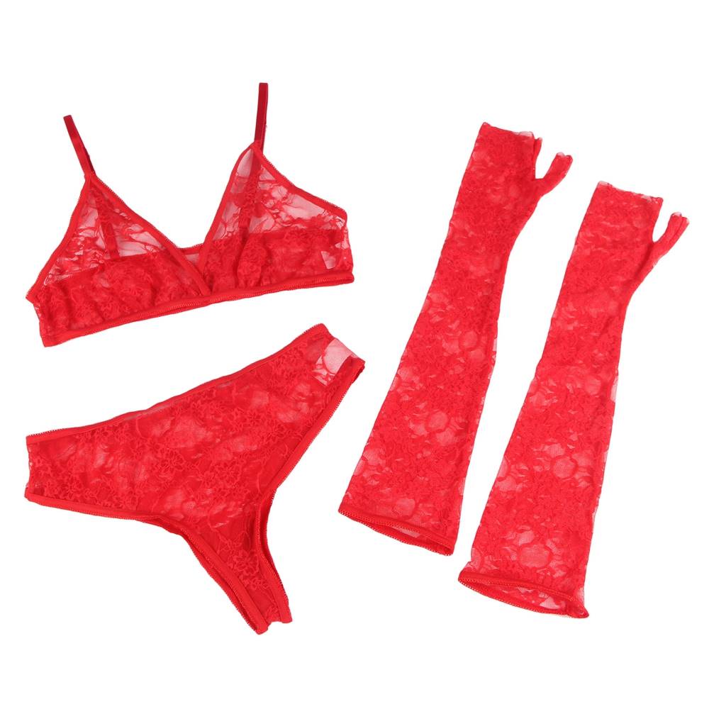 R482 Red See Through Lace Panty w/Sleeve Set