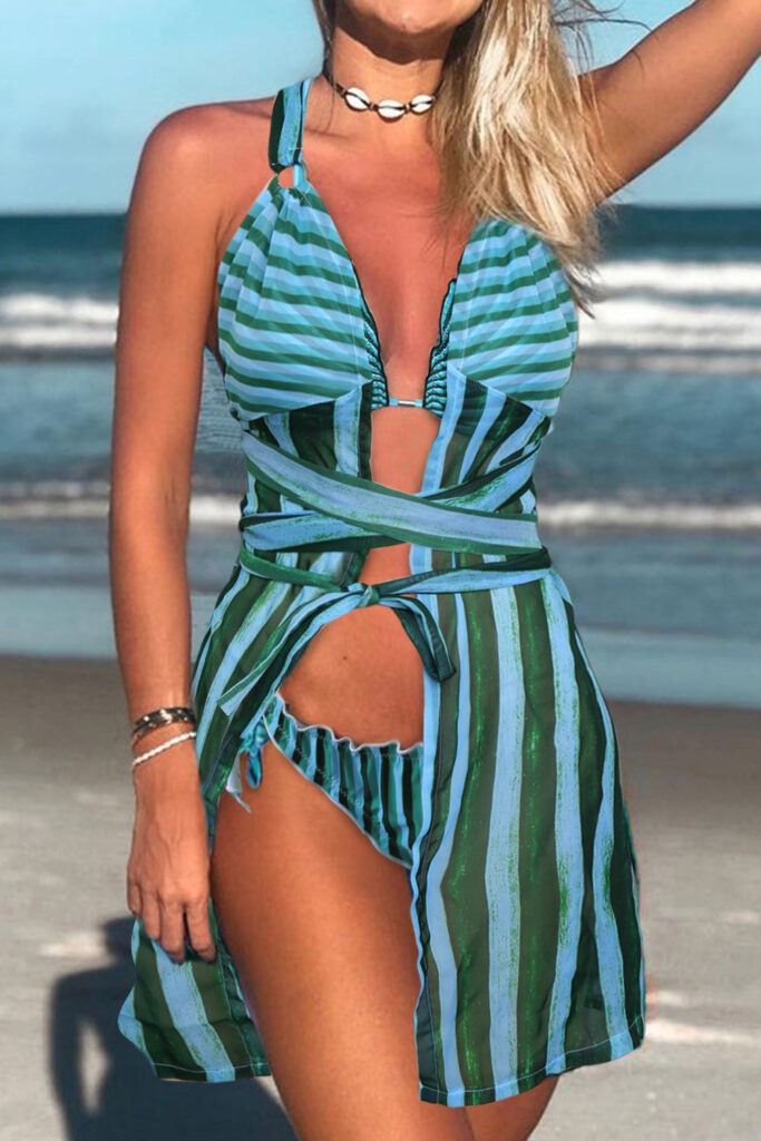 SW105 Blue Stripe Print 3pcs Swimsuit with Cover Up