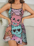 TM309 Round Neck Multi Color Happy Cats Printed Night Dress