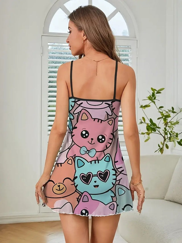 TM309 Round Neck Multi Color Happy Cats Printed Night Dress