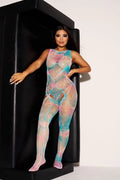 TD6632 Turquoise Pink White Tie Dye Mesh Bodystocking