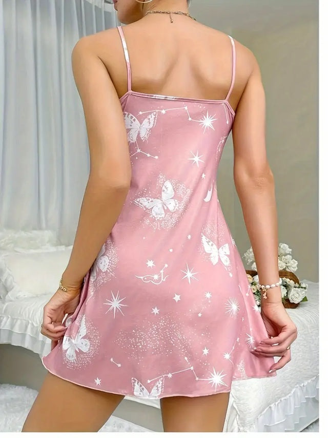 TM351 Round Neck Pink Butterfly Printed Night Dress