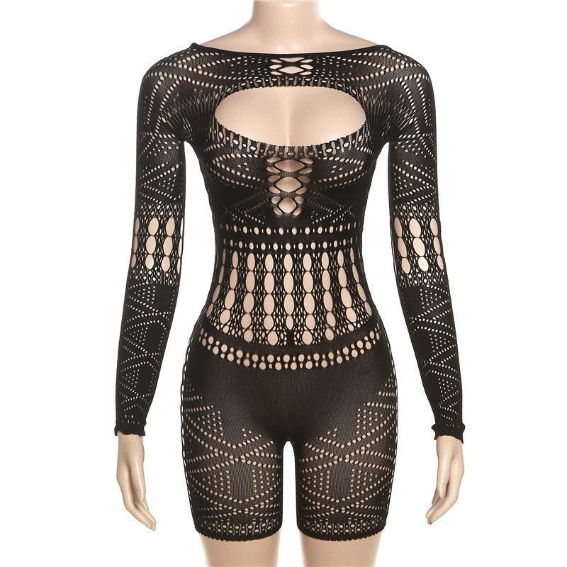 E382 Lace Mesh Breathable Woven Skinny Jumpsuit Lingerie