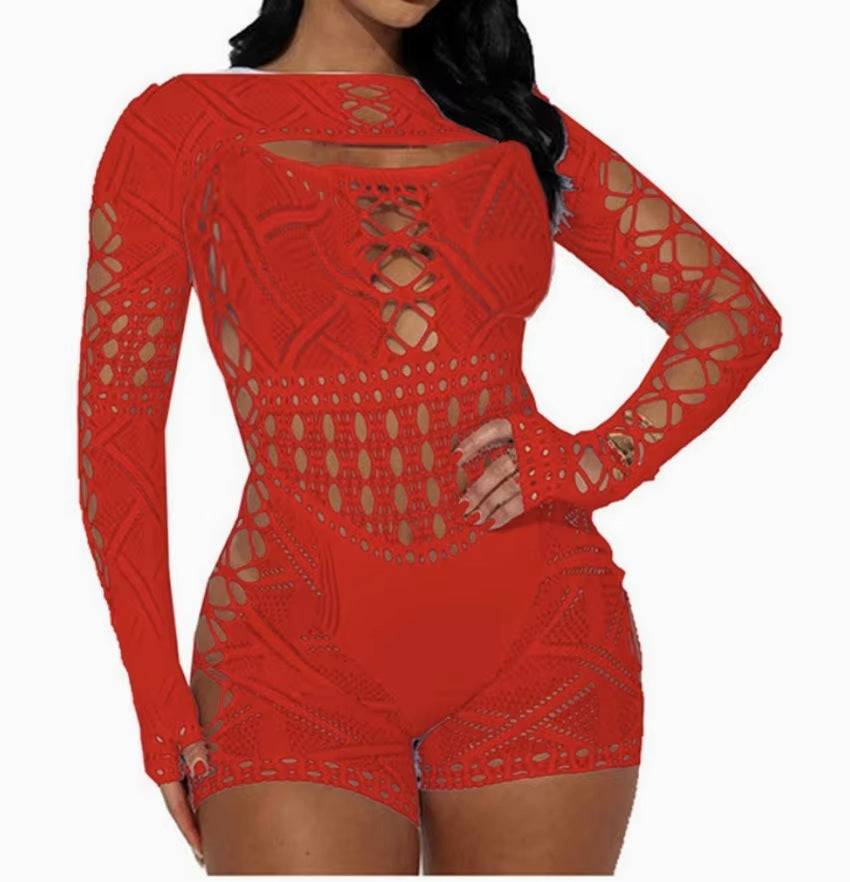 E382 Lace Mesh Breathable Woven Skinny Jumpsuit Lingerie
