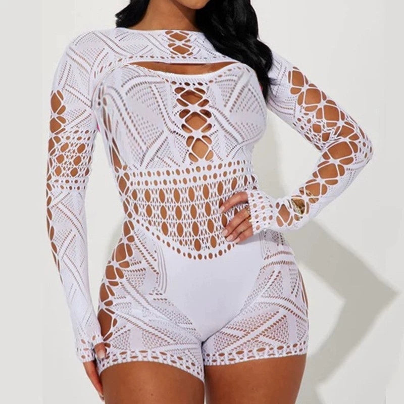 E382 Lace Mesh Breathable Woven Skinny Jumpsuit Lingerie