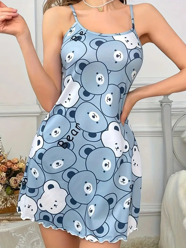 TM378 Round Neck Blue Teddy Bear Printed Night Dress