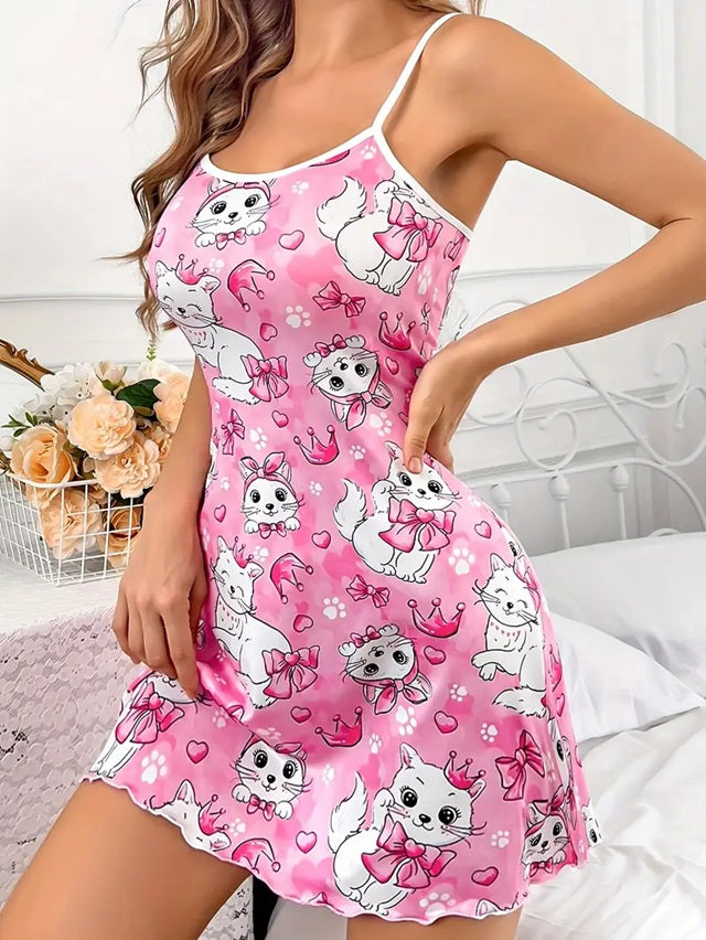 TM379 Round Neck Pink Cats and Crown Night Dress