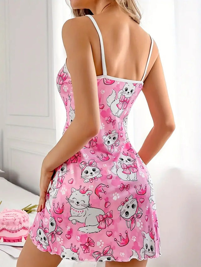 TM379 Round Neck Pink Cats and Crown Night Dress