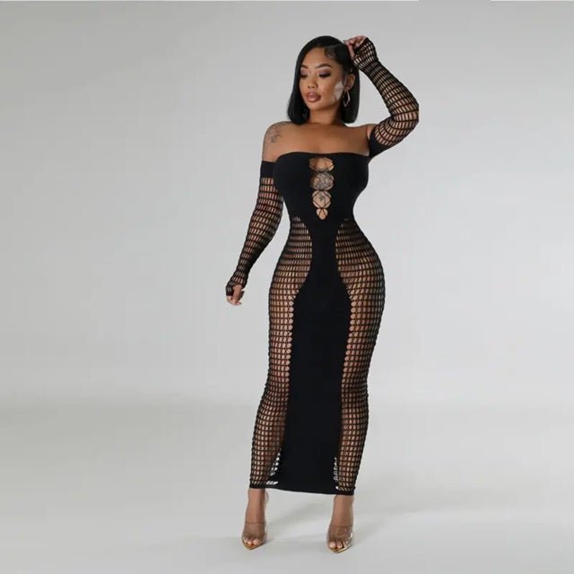 C121 Black Opaque and Crochet Strapless Maxi Dress
