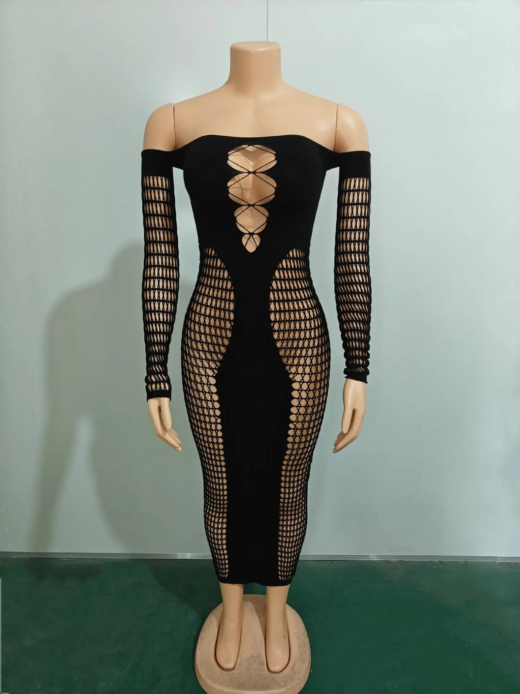 C121 Black Opaque and Crochet Strapless Maxi Dress