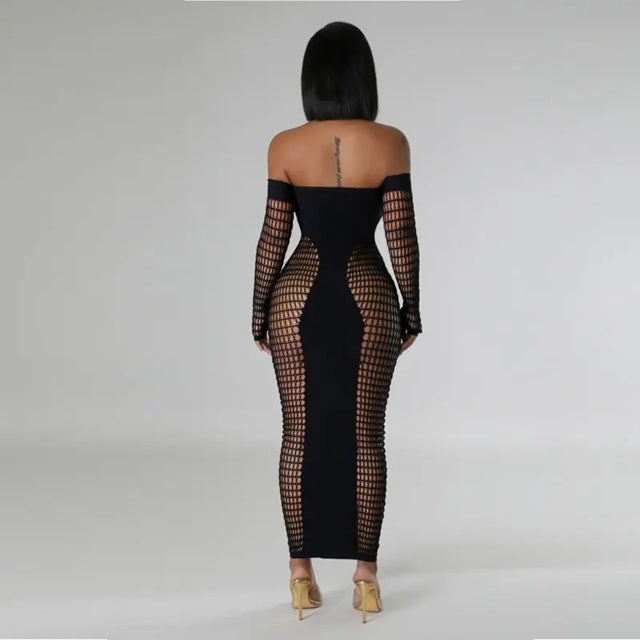 C121 Black Opaque and Crochet Strapless Maxi Dress