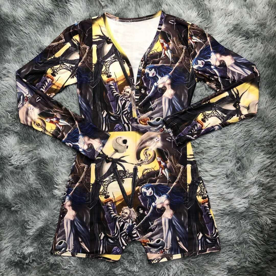 T112 Beetlejuice Inspired Women One Piece  Long Sleeve Pajama