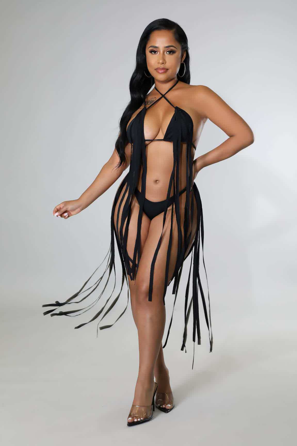 KS742 Black Sexy  Tassel Thong Bikini