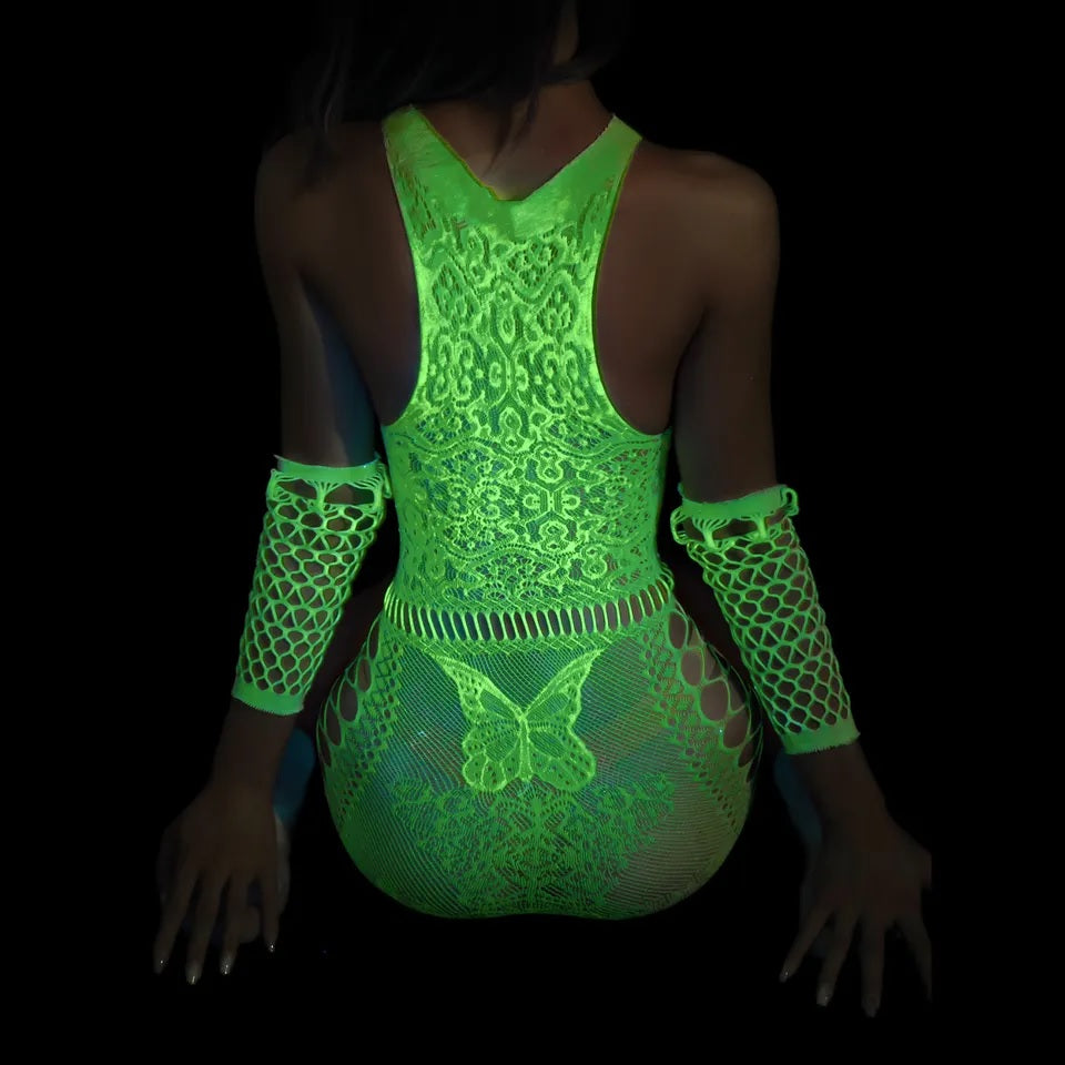 LU130 Luminous Fishnet Hollow-out Chemise with Gloves O/S