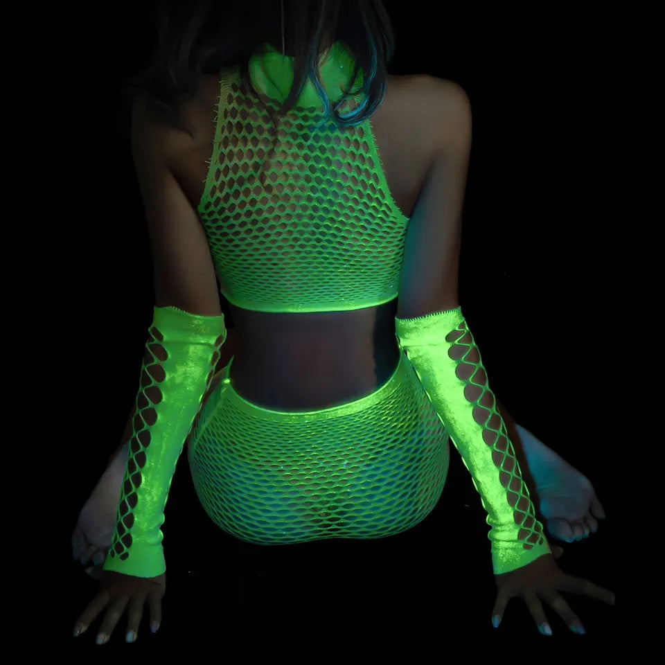 LU133 Luminous Fishnet Hollow-out Set with Gloves O/S