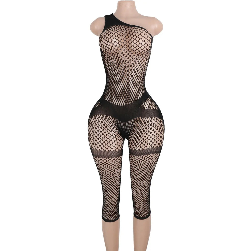 D075 Black Medium Fishnet Open Rear Capri Style Bodystocking