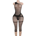 D075 Black Medium Fishnet Open Rear Capri Style Bodystocking
