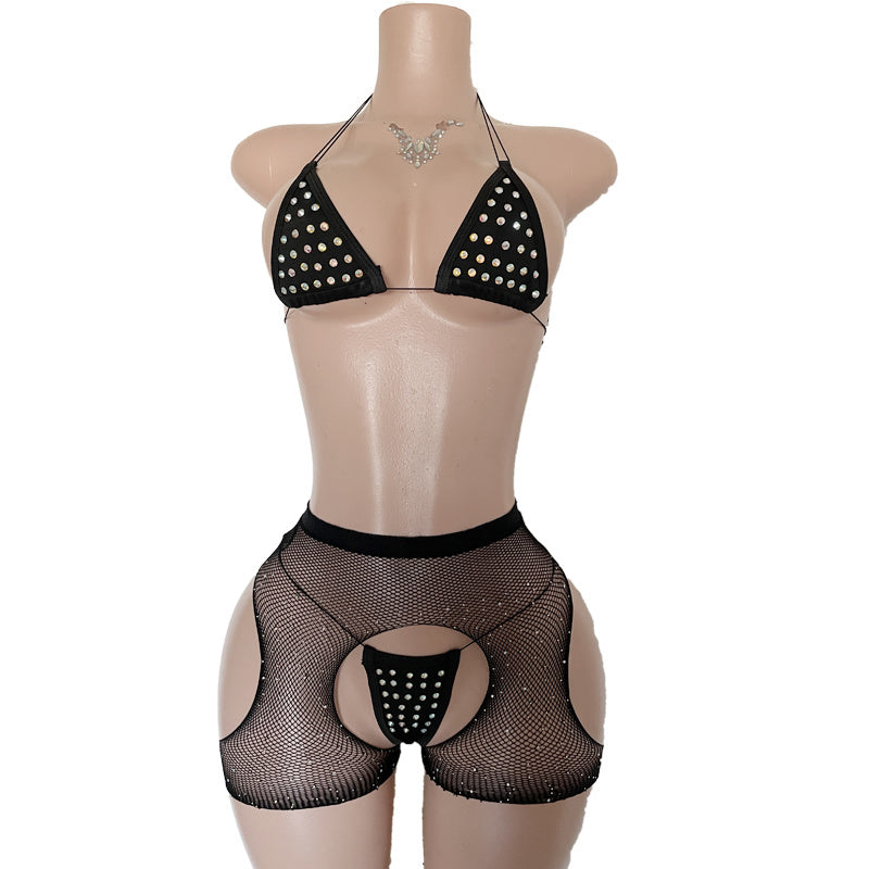 EX49  3pc Fishnet Open Side Short and Studded Bikini Top and Thong