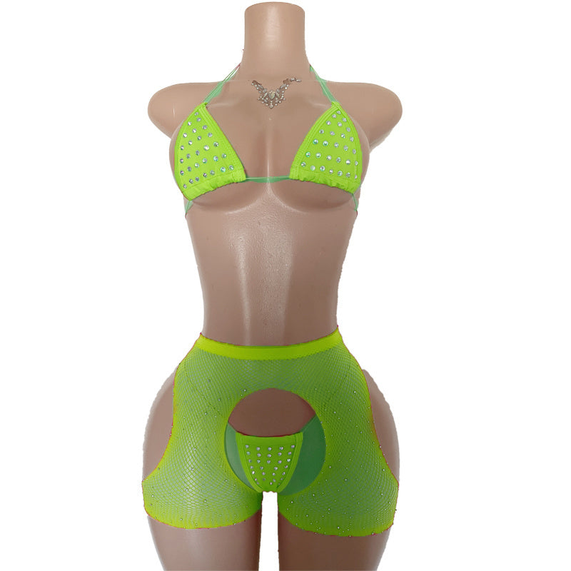 EX49  3pc Fishnet Open Side Short and Studded Bikini Top and Thong