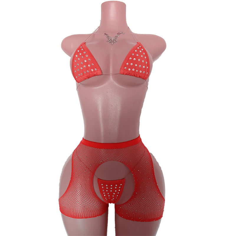 EX49  3pc Fishnet Open Side Short and Studded Bikini Top and Thong