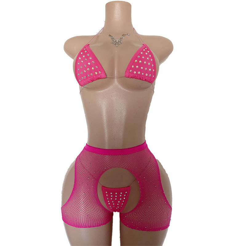 EX49  3pc Fishnet Open Side Short and Studded Bikini Top and Thong