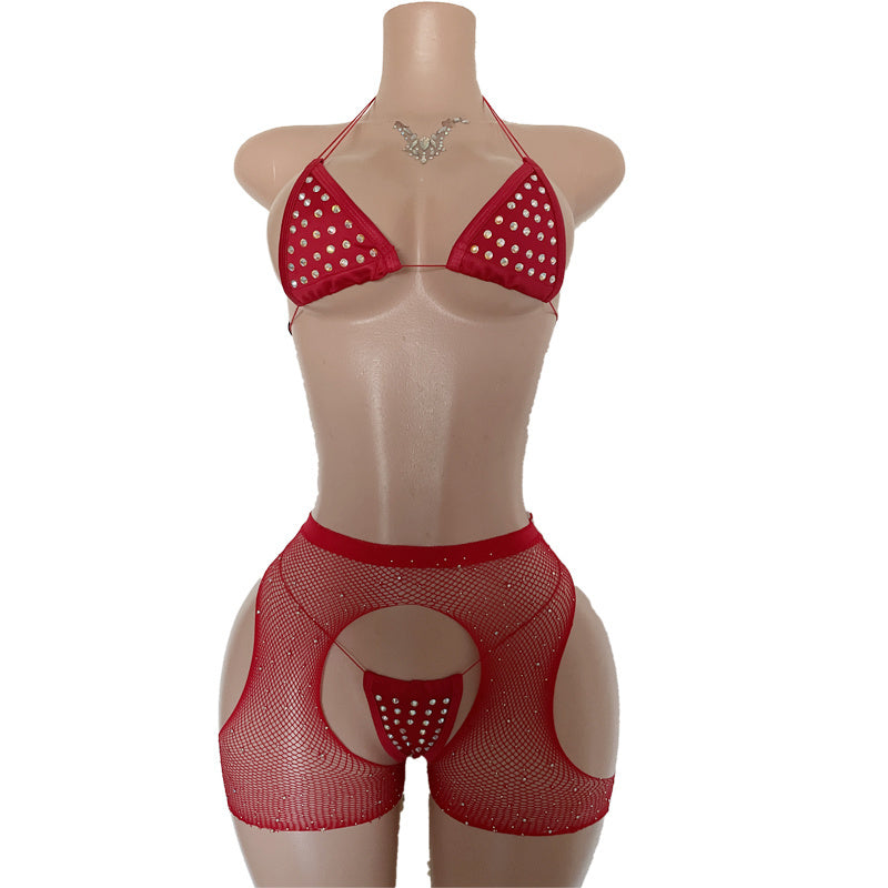 EX49  3pc Fishnet Open Side Short and Studded Bikini Top and Thong