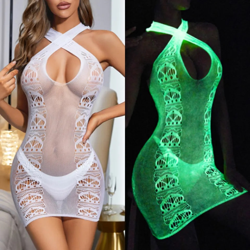 LU410 Luminous Fishnet Halter Neck Design Chemise O/S