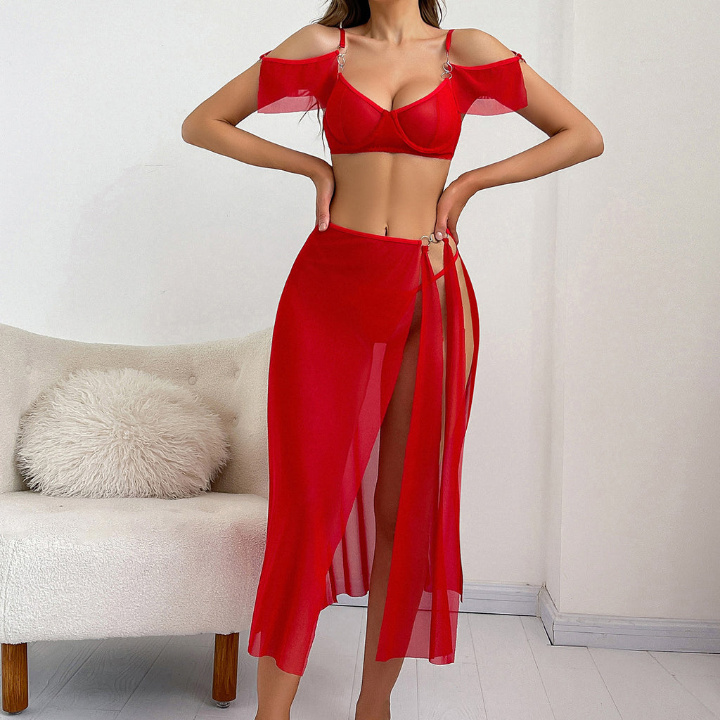 EW88 Red Three-Piece Mesh Lingerie Set