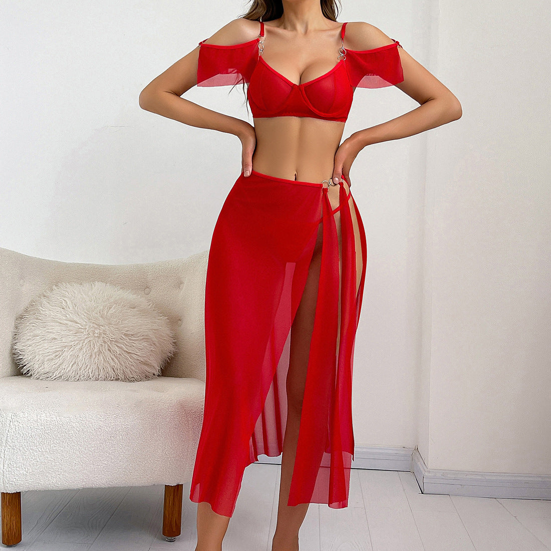 EW88 Red Three-Piece Mesh Lingerie Set