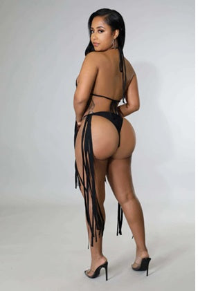 KS742 Black Sexy  Tassel Thong Bikini