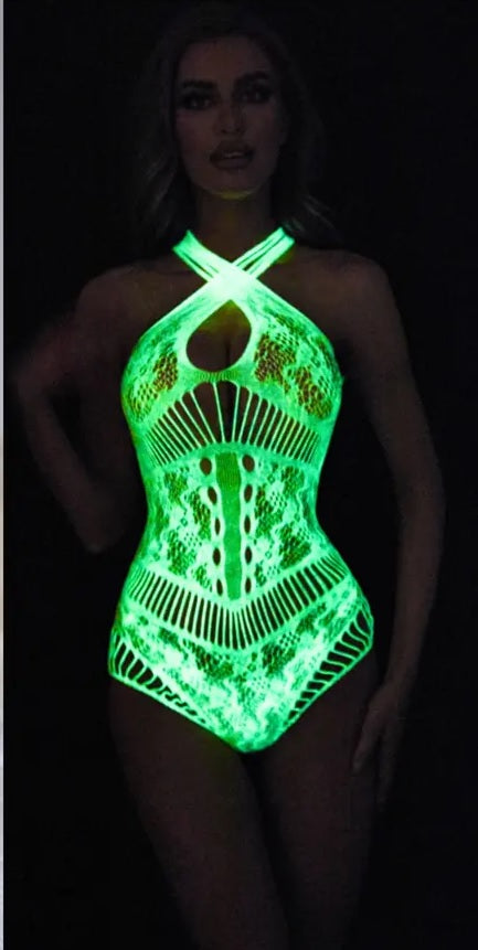 YG05 Luminous Shredded Twisted Neck Fishnet Bodysuit O/S