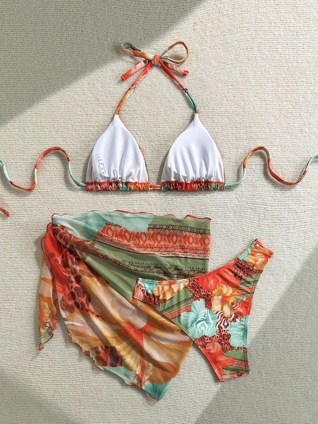 SW26 Orange Three-Piece Tropical Printed Bikini Set