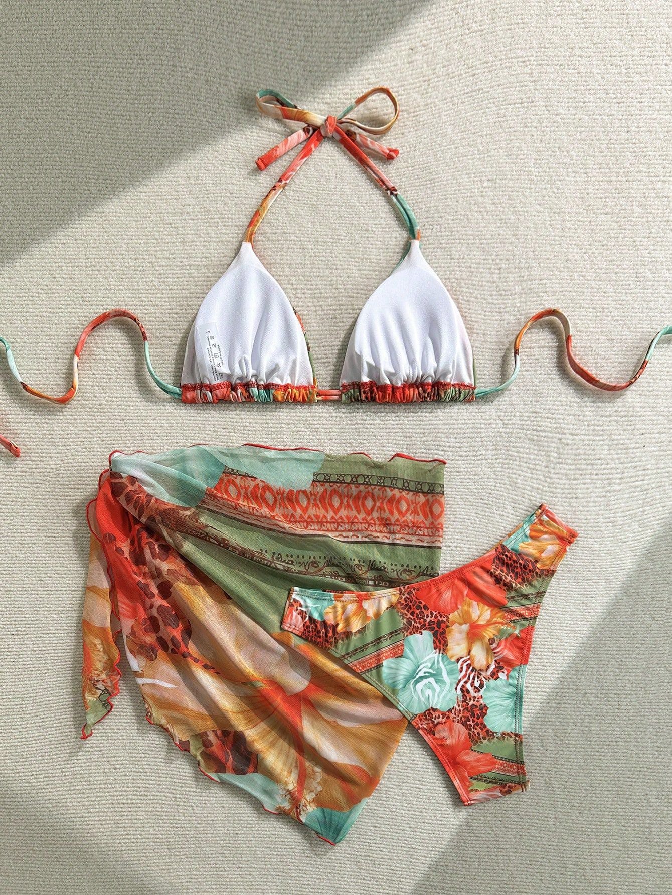 SW26 Orange Three-Piece Tropical Printed Bikini Set