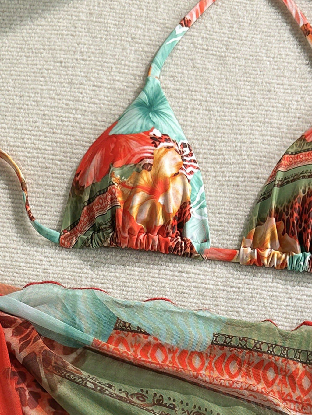 SW26 Orange Three-Piece Tropical Printed Bikini Set