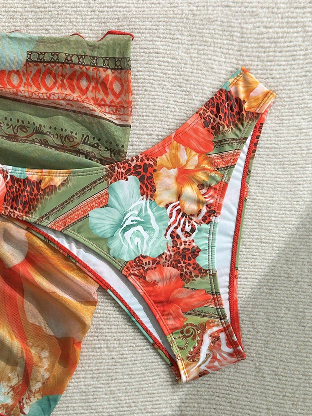 SW26 Orange Three-Piece Tropical Printed Bikini Set