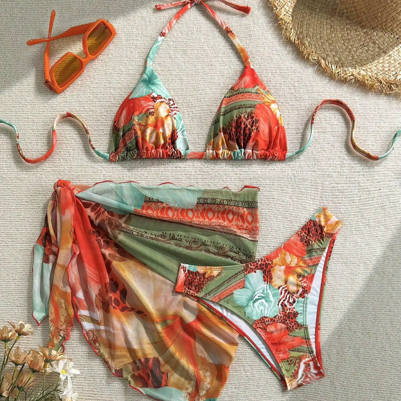 SW26 Orange Three-Piece Tropical Printed Bikini Set