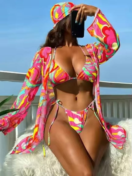 PYR58 4PC Printed Bikini w/Cover Up