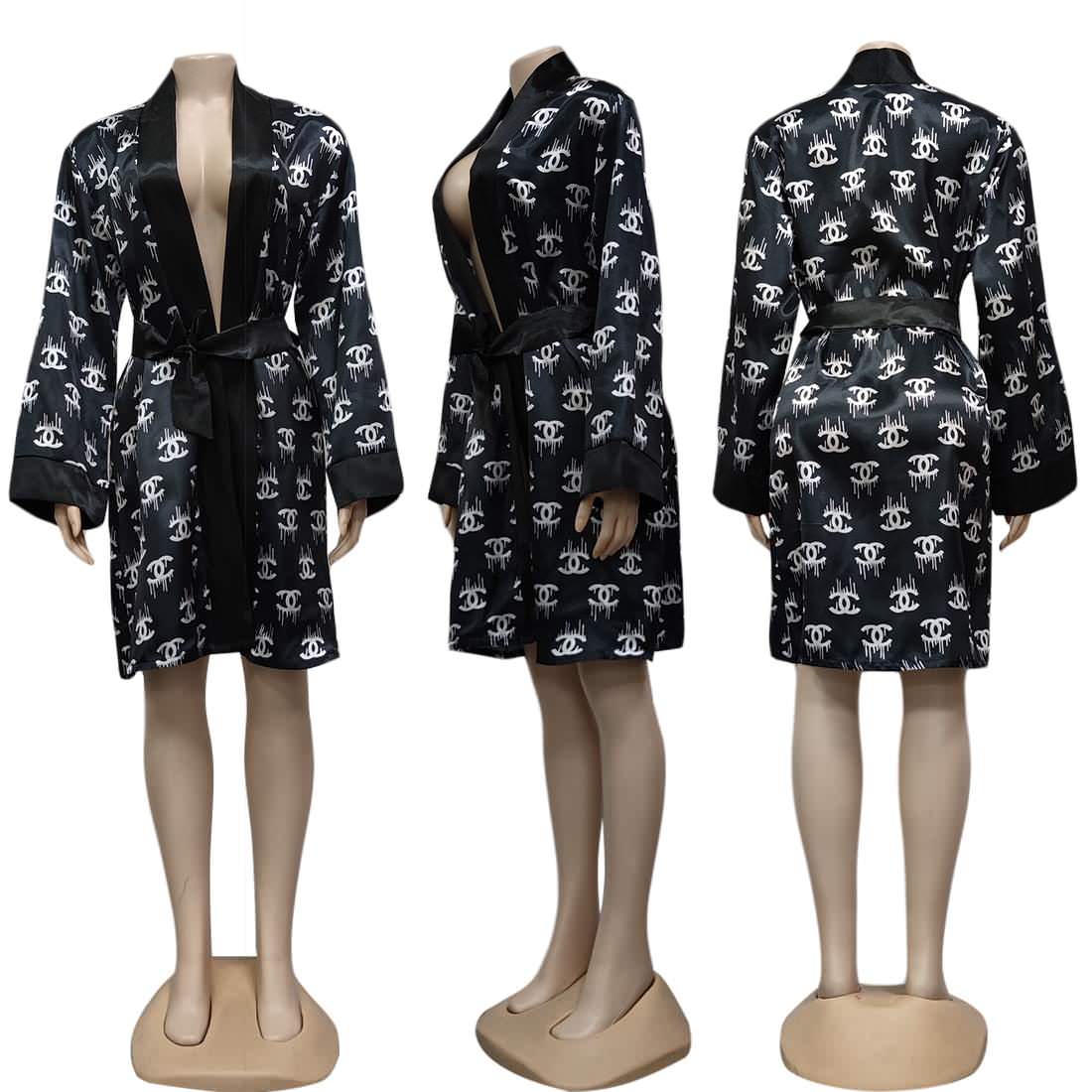 KJ114 Black White CC Printed Letter Robe