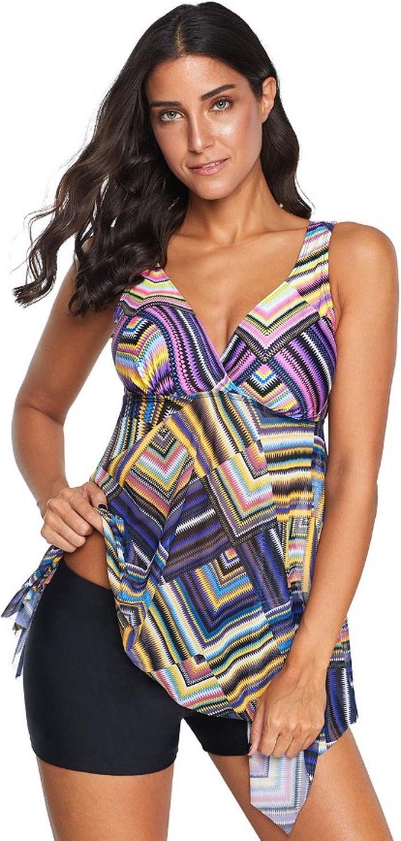 T709  Multicolor Geometrical Print Two-piece Tankini Swimsuit