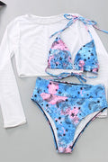 S128 Blue Three-piece Triangle Bikini with 3/4 Sleeve Crop Top