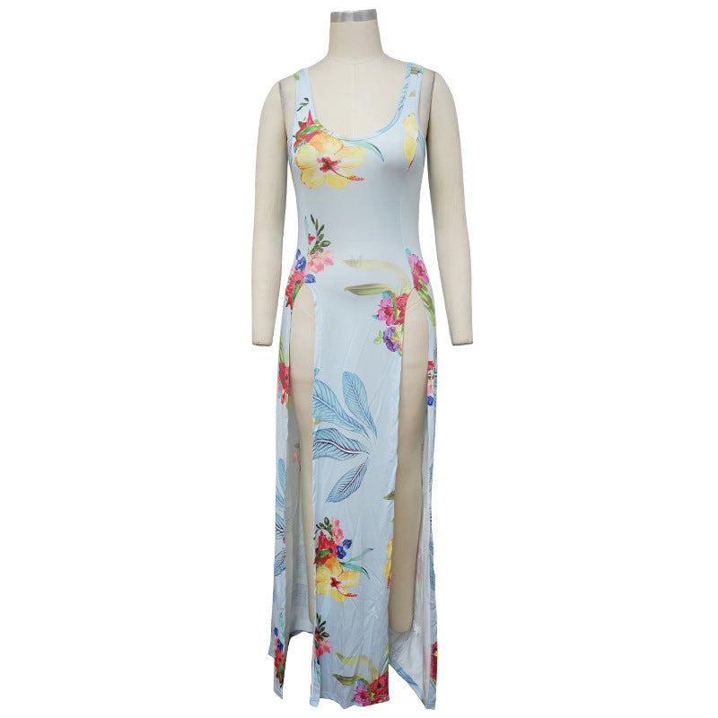 9870B Blue Floral Printed Split Beach Dress/Cover Up