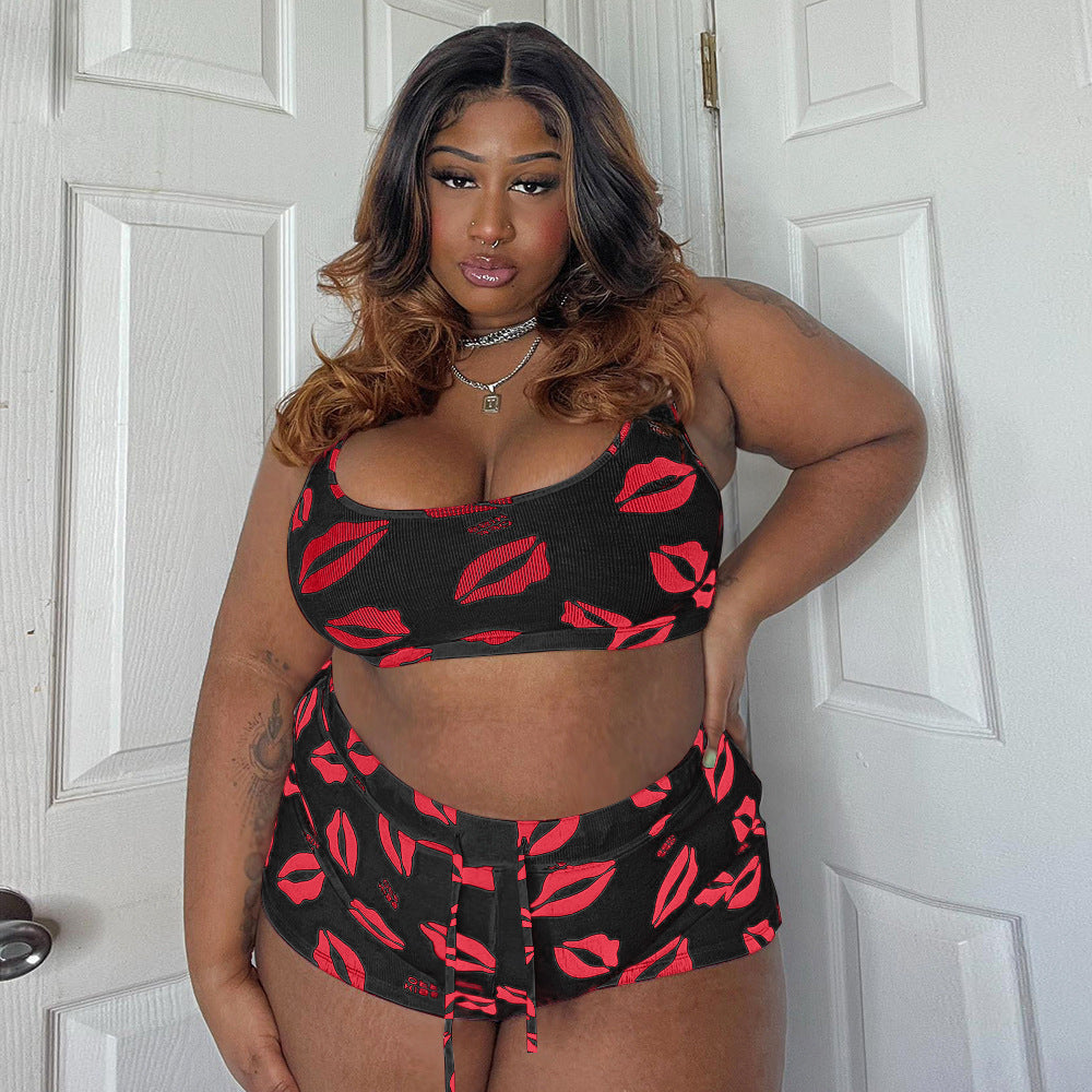 NY34 Black Red Lips Two Piece Loungewear