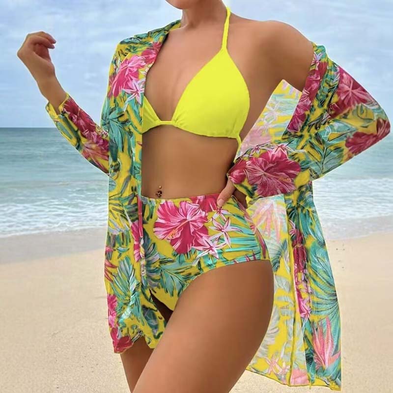 SY25 Three Piece Floral Yellow Mesh Cover Up