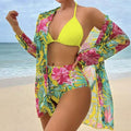 SY25 Three Piece Floral Yellow Mesh Cover Up