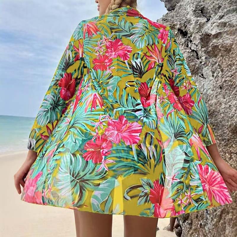 SY25 Three Piece Floral Yellow Mesh Cover Up