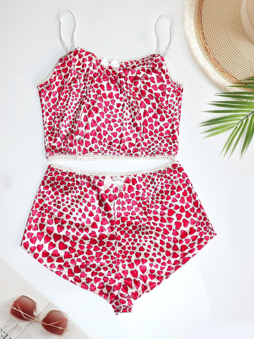 SK718 Red Hearts Printed Velvet Two-Piece Short Pajama/Lounge Set