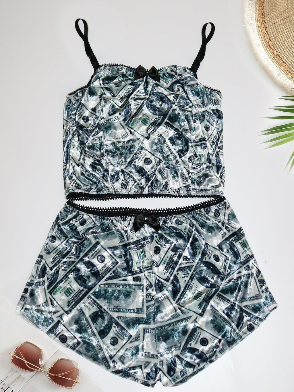 SK817 Money Printed Velvet Two-Piece Short Pajama/Lounge Set
